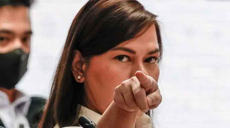 Philippine Vice-President Sara Duterte gestures while attending a House of Representatives committee hearing in Quezon City, Metro Manila, Nov. 25, 2024. [Gerard Carreon/BenarNews]