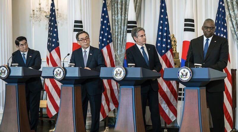 Secretary of Defense Lloyd J. Austin III, Secretary of State Antony J. Blinken, South Korean Minister of Foreign Affairs Cho Tae-yul and South Korean Minister of Defense Kim Yong-hyun at the 6th U.S.-South Korea Foreign and Defense Ministerial Meeting at the State Department in Washington, D.C., Oct. 31, 2024. Photo Credit: Chad J. McNeeley, DOD