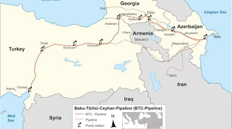 Location of Baku–Tbilisi–Ceyhan (BTC) pipeline. Credit: Wikipedia Commons
