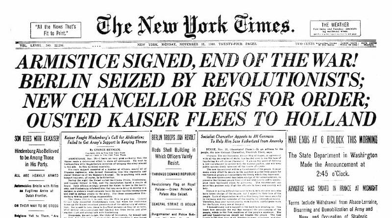 Armistice Day page from the New York Times. Credit: Wikipedia Commons