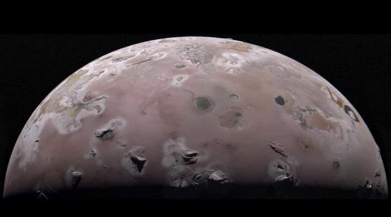 The north polar region of Jupiter’s volcanic moon Io was captured by NASA’s Juno during the spacecraft’s 57th close pass of the gas giant on Dec. 30, 2023. Data from recent flybys is helping scientists understand Io’s interior. CREDIT Image data: NASA/JPL-Caltech/SwRI/MSSS Image processing by Gerald Eichstädt