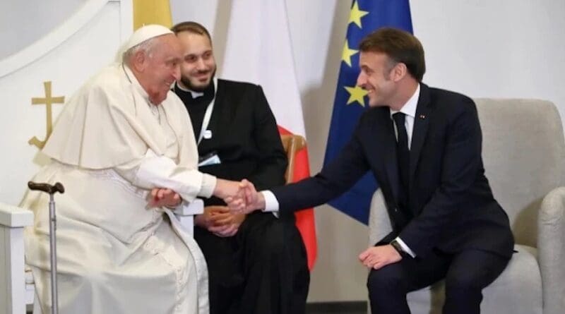 Pope Francis and French President Emmanuel Macron meet in Corsica on Dec. 15, 2024. | Credit: Daniel Ibáñez/EWTN/Vatican Pool
