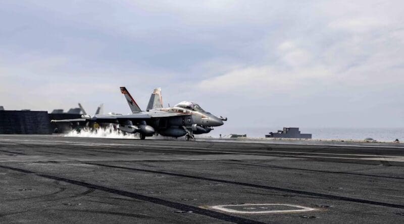 An aircraft prepares to launch from the flight deck of the Nimitz-class aircraft carrier USS Harry S. Truman as the ship transits the Mediterranean Sea, Dec. 12, 2024. Photo Credit: DOD