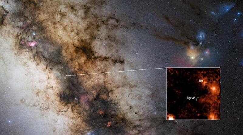 This image indicates the location of the newly discovered binary star D9, which is orbiting Sagittarius A*, the supermassive black hole at the centre of our galaxy. It is the first star pair ever found near a supermassive black hole. The cut-out shows the binary system as detected by the SINFONI spectrograph on ESO’s Very Large Telescope. While the two stars cannot be discerned separately in this image, the binary nature of D9 was revealed by the spectra captured by SINFONI over several years. These spectra showed that the light emitted by hydrogen gas around D9 oscillates periodically towards red and blue wavelengths as the two stars orbit each other. CREDIT: ESO/F. Peißker et al., S. Guisard