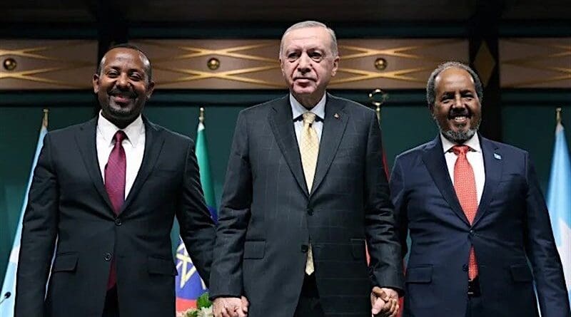 Somali President Hassan Sheikh Mohamud, Turkey's President Recep Tayyip Erdogan and Ethiopian Prime Minister Abiy Ahmed announce the Ankara Declaration. Photo Credit: Tasnim News Agency