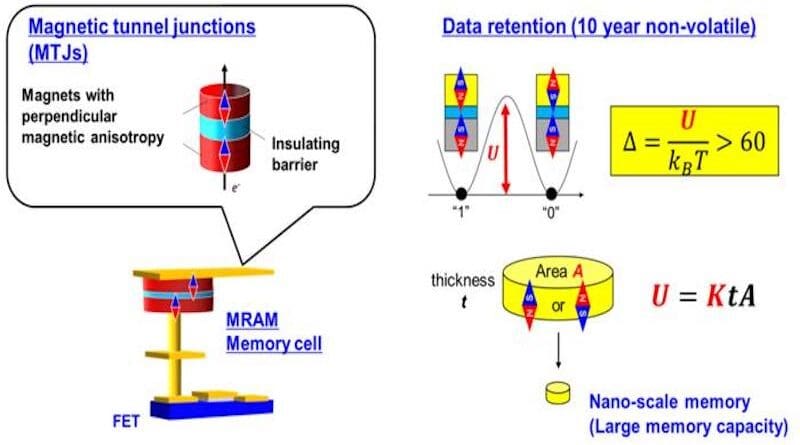 MRAM consists of semiconductor transistor (FET) and magnetic tunnel junctions with perpendicular magnetic anisotropy (Left panel). For non-volatile data retention over ten years in magnetic tunnel junction, thermal stability factor, Δ, needs to exceed 60; thus large perpendicular magnetic anisotropy K is required for nano-scale MTJs with magnetic layer with thickness t and radius D smaller than several tens nm. (right panel) CREDIT: ©S. Mizukami