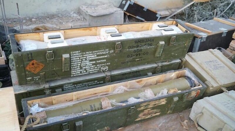 Russian 9M113 Konkurs anti-tank missiles, supplied by Moscow to Syria, are found by troops of the IDF's 646th Reserve Paratroopers Brigade in southern Lebanon, in a handout image published October 24, 2024. Photo Credit: Israel Defense Forces, IDF