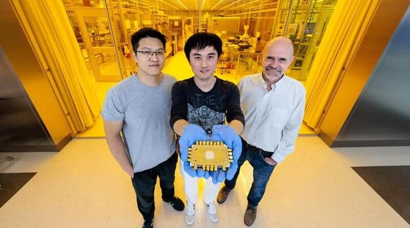 Researchers in Cleland Lab at the University of Chicago Pritzker School of Molecular Engineering, including (from left) alumnus Haoxiong Yan, PhD candidate Xuntao Wu, and Prof. Andrew Cleland, have realized a new design for a superconducting quantum processor. (Photo by John Zich)