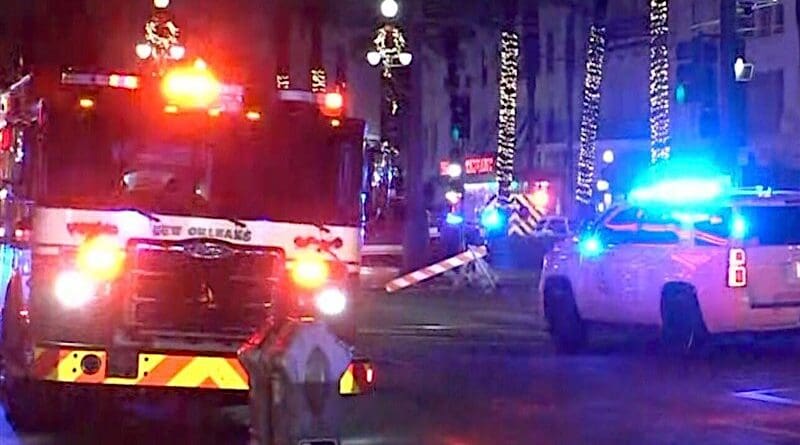 Emergency vehicles after a vehicle drove into a crowd on New Orleans' Canal and Bourbon Street, Jan. 1, 2025. Photo Credit: Tasnim News Agency