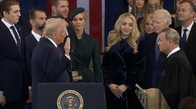 Supreme Court Chief Justice John Roberts administers the oath of office to Donald J. Trump, Jan. 20, 2025, inside the Capitol Rotunda. Photo Credit: DOD video still