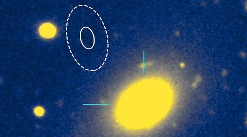 The location of the fast radio burst, indicated by the oval outlines, is on the outskirts of a massive elliptical galaxy, the yellow oval at right. CREDIT: Gemini Observatory