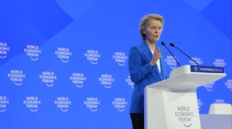 European Commission President Ursula von der Leyen speaks at the World Economic Forum in Davos. Credit: Ursula von der Leyen, X