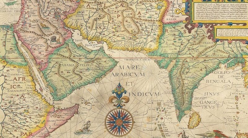 Details of 1596 map of the Middle East and the Indian Ocean. Credit: Hendrik van Langren, Wikimedia Commons