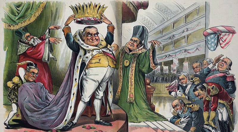 Louis Dalrymple cartoon from Puck magazine, June 24, 1896, showing McKinley about to crown himself with the Republican nomination. The "priests" are Hanna (in green) and Representative Charles H. Grosvenor (red); H. H. Kohlsaat is the page holding the robe. Credit: Wikipedia Commons