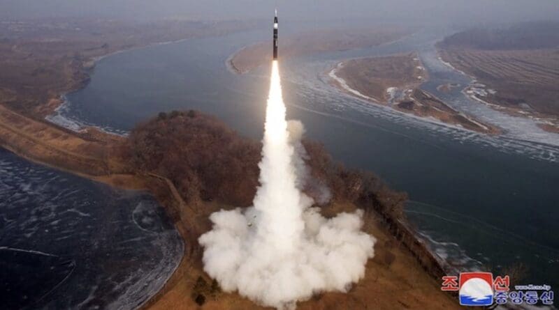Launch of an intermediate-range hypersonic ballistic missile at an undisclosed location in North Korea on Jan. 6, 2025, in this photo released on Jan, 7, 2025 by the state-run Korean Central News Agency. (RFA)