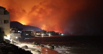 The Palisades Fire viewed from the shoreline. Photo Credit: CAL FIRE Official, Wikipedia Commons