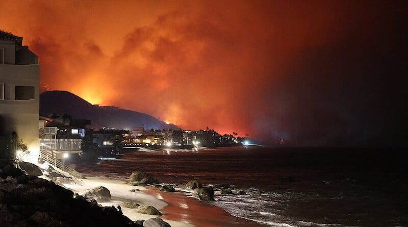 The Palisades Fire viewed from the shoreline. Photo Credit: CAL FIRE Official, Wikipedia Commons