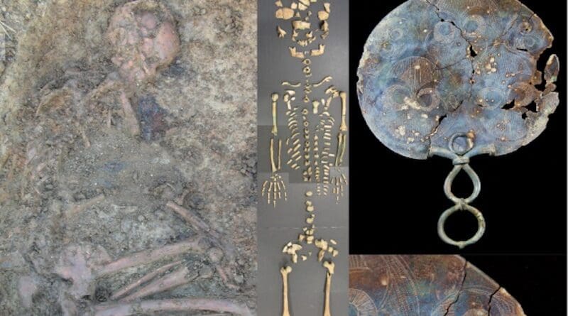 Durotrigian burial of a young woman from Langton Herring sampled for DNA (c) Bournemouth University. She was buried with a mirror (right panels) and jewellery, including a Roman coin amulet showing a female charioteer representing Victory. CREDIT: Bournemouth University.