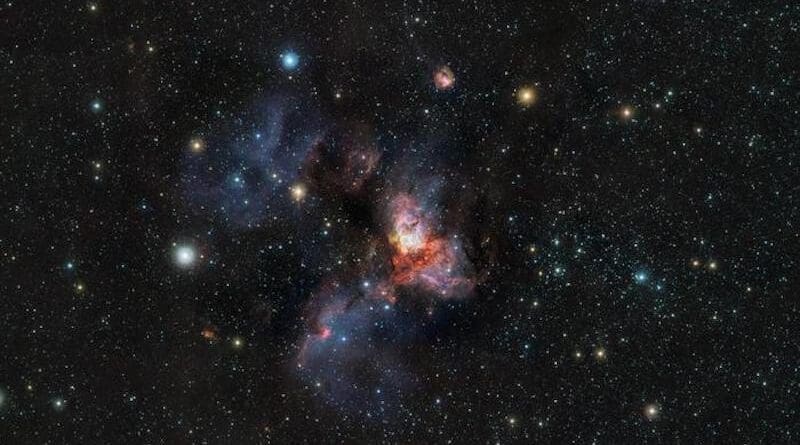 This is an 80-million-pixel picture of the star cluster RCW 38, located 5500 light-years away in the constellation Vela. RCW 38 is a young cluster containing about 2000 stars, and is bursting with star-forming activity. CREDIT: ESO/VVVX survey