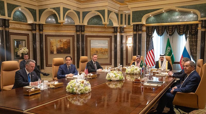 Secretary Marco Rubio, with from left, U.S. Middle East envoy Steve Witkoff, National Security Advisor Mike Waltz, Saudi Arabia's Foreign Minister Prince Faisal bin Farhan al-Saud, National Security Advisor Mosaad bin Mohammad al-Aiban, the Russian president's foreign policy advisor Yuri Ushakov, and Russia's Foreign Minister Sergei Lavrov attend a meeting together at Diriyah Palace in Riyadh, Saudi Arabia, February 18, 2025. (Official State Department photo by Freddie Everett)