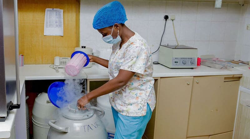 Storing sperm in liquid nitrogen tank at the Women's hospital in Bukoto, Kampala. Sperm banks and clinics are expected to restrict the number of pregnancies for which a given donor is responsible, says the American Society for Reproductive Medicine.