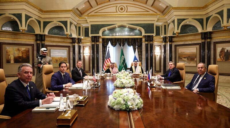 US Secretary of State Marco Rubio, second left, meets with Saudi FM Prince Faisal bin Farhan Al-Saud, center left, Saudi National Security Advisor Mosaad bin Mohammad Al-Aiban, center right, Russian FM Sergey Lavrov,(R), and Russian policy advisor Yuri Ushakov, second right. Also in meeting are US National Security Advisor Mike Waltz and US Middle East envoy Steve Witkoff. (SPA)