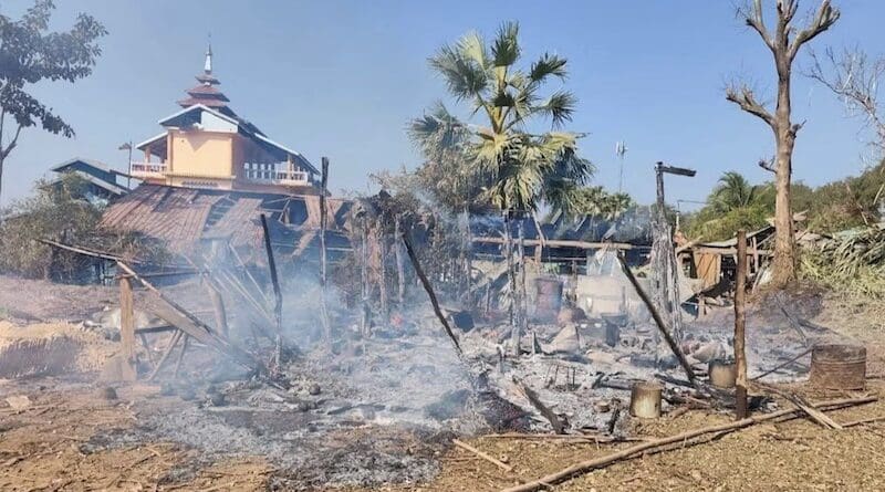 A destroyed building in Myanmar’s Son Kone village after the air force bombed an insurgent wedding party on Feb. 25, 2025. (Mandalay Free Press)