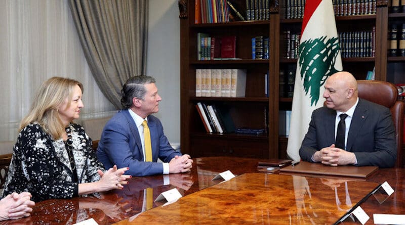 Lebanon's President Joseph Aoun meets with US delegation headed by Ronny Jackson, along with US ambassador Lisa Johnson in Beirut. (X @LBpresidency)