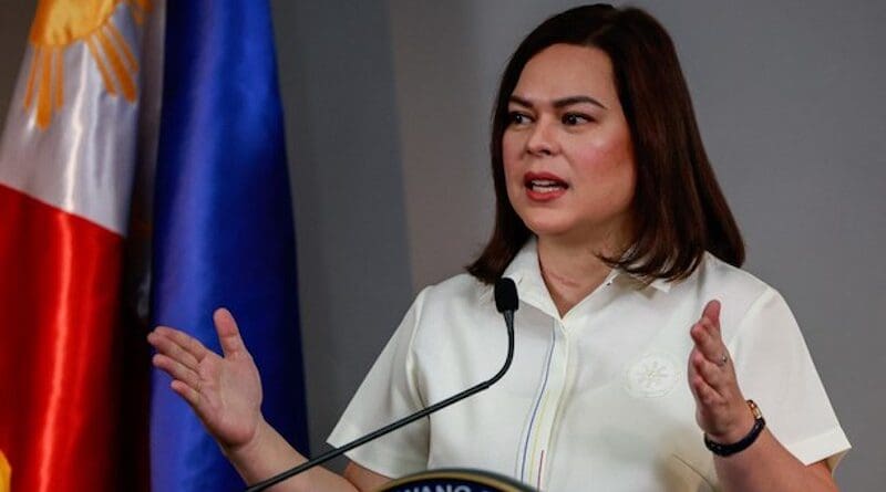 Philippine Vice President Sara Duterte speaks to journalists at her office in Metro Manila in response to the House filing Articles of Impeachment against her, Feb. 7, 2025. Photo Credit: Gerard Carreon/BenarNews