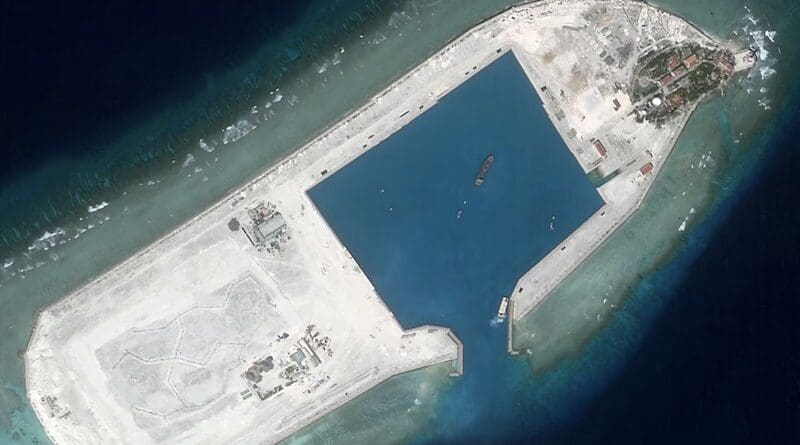 The results of dredging at Vietnam-occupied Pearson Reef are seen Feb. 2, 2025. (Planet Labs, via RFA)