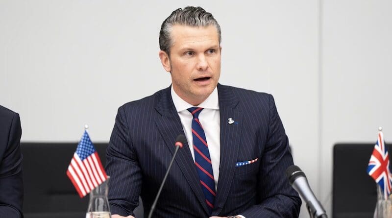 Defense Secretary Pete Hegseth delivers opening remarks during the 26th iteration of the Ukraine Defense Contact Group at NATO Headquarters in Brussels, Feb. 12, 2025. Photo Credit: Navy Petty Officer 1st Class Alexander C. Kubitza