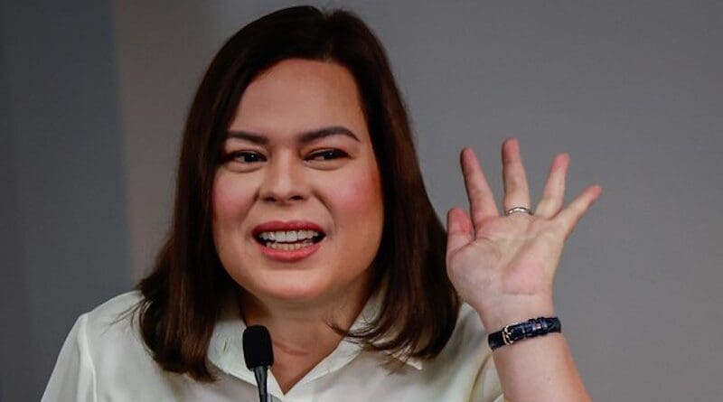 Philippine Vice President Sara Duterte addresses the press in Mandaluyong City, Metro Manila, two days after the House of Representatives impeached her, Feb. 7, 2025. Photo Credit: Gerard Carreon/BenarNews