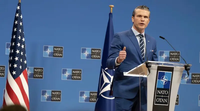 Defense Secretary Pete Hegseth conducts a press conference after taking part in a NATO Defense Ministerial meetings in Brussels, Feb. 13, 2025. Photo Credit: Navy Petty Officer 1st Class Alexander C. Kubitza, DOD