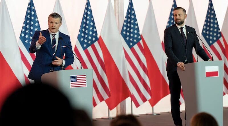 Defense Secretary Pete Hegseth and Polish Deputy Prime Minister and Minister of National Defense Władysław Kosiniak-Kamysz participate in a joint press conference at the Klonowa Complex, Warsaw, Poland, Feb. 14, 2025. Photo Credit: Navy Petty Officer 1st Class Alexander C. Kubitza, DOD