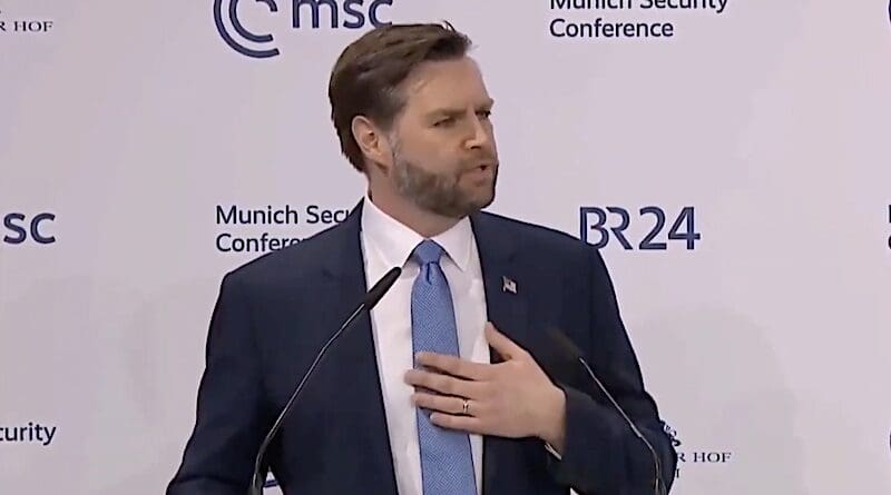 US Vice President JD Vance at Munich Security Conference. Photo Credit: White House video screenshot