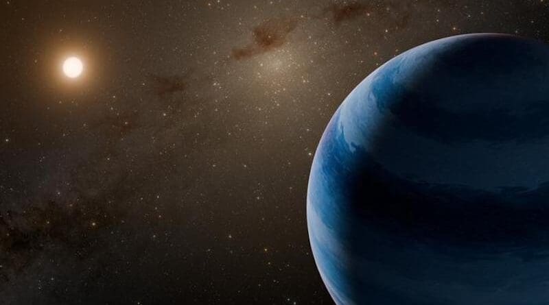 This artist's concept visualizes a super-Neptune world orbiting a low-mass star near the center of our Milky Way galaxy. Scientists recently discovered such a system that may break the current record for fastest exoplanet system, traveling at least 1.2 million miles per hour, or 540 kilometers per second. CREDIT: NASA/JPL-Caltech/R. Hurt (Caltech-IPAC)