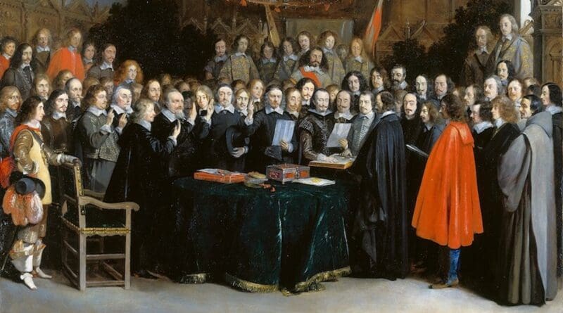 Detail of painting by Gerard ter Borch depicting the ratification of the Treaty of Münster, which played a key role in the “Peace of Westphalia” that ended the Thirty Years’ War (1648)