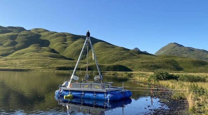 Floating drilling platform for extracting sediment cores from lakes, Alaska. CREDIT: Alfred-Wegener-Institut / Weihan Jia