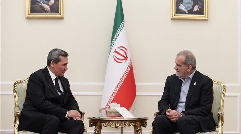 Turkmenistan’s Minister of Foreign Affairs Rashid Meredov with Iranian President Masoud Pezeshkian. Photo Credit: Tasnim News Agency