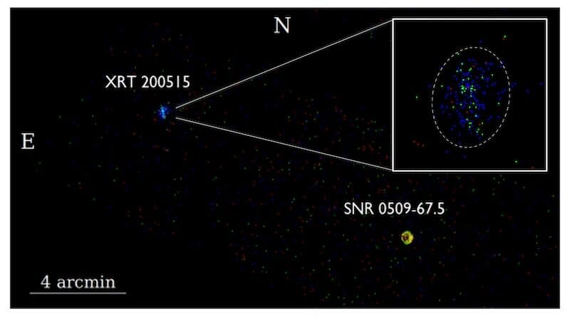 The "remarkable" XRT 200515 cosmic explosion observed by NASA's Chandra X-ray Observatory. Credit: Steven Dillmann