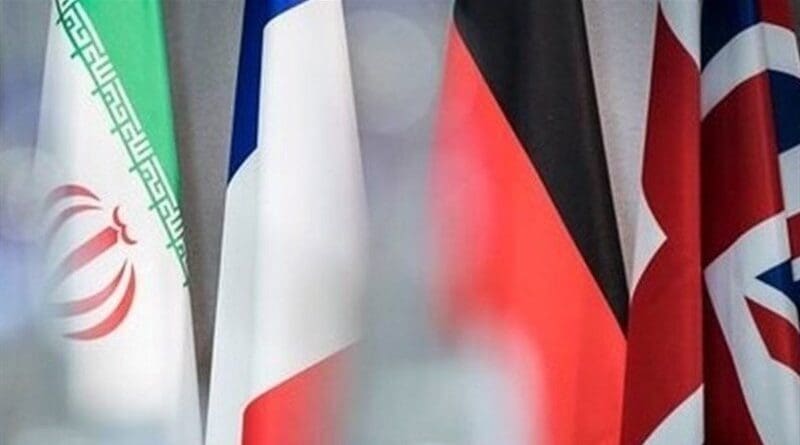 Flags of Iran and EU3. Photo Credit: Tasnim News Agency