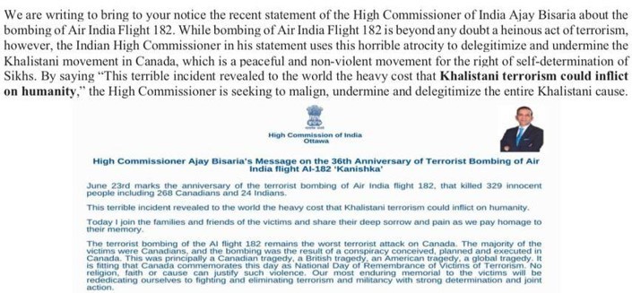 An extract from Pannun’s letter to Prime Minister Trudeau, showing the Indian High Commissioner’s annual statement on the anniversary of the Kanishka bombing.