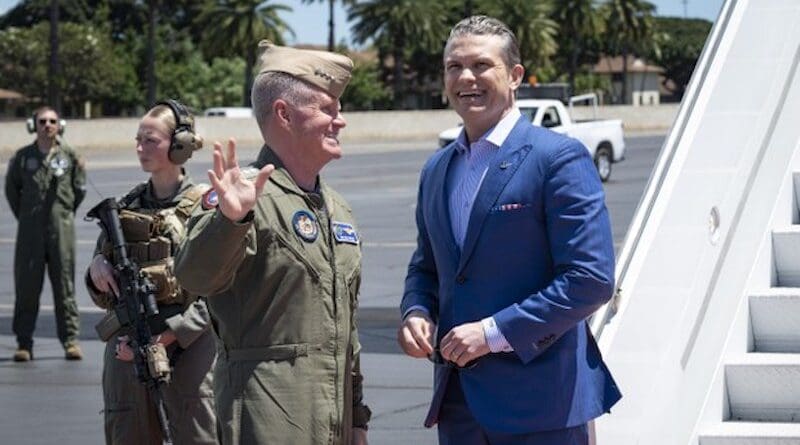 United States Defense Secretary Pete Hegseth is greeted by Adm. Samuel Paparo, the head of the U.S. Indo-Pacific Command, upon his arrival at Joint Base Pearl Harbor-Hickam in Honolulu, March 24, 2025. Photo Credit: Mass Communication Specialist 1st Class John Bellino/U.S. Navy
