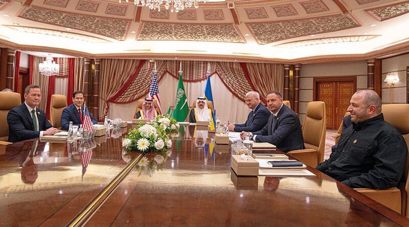 Secretary Marco Rubio and U.S. National Security Advisor Mike Waltz, Saudi Foreign Minister Faisal bin Farhan and National Security Advisor Mosaad bin Mohammad al-Aiban, Ukrainian Foreign Minister Andrii Sybiha, Ukrainian Head of Presidential Office Andriy Yermak and Ukrainian Minister of Defense Rustem Umerovto attend a meeting between the US and Ukraine hosted by the Saudis on March 11, 2025 in Jeddah, Saudi Arabia. (Official State Department photo by Freddie Everett)