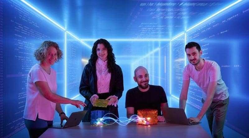 Corresponding author Stephanie Wehner and co-authors Mariagrazia Iuliano, Carlo Delle Donne and Bart van der Vecht against a backdrop of high-level application code that can be run on quantum network hardware through the QNodeOS stack. Photo credit: Studio Oostrum.