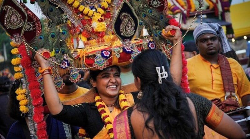 A Hindu devotee carries a kavadi, a symbolic offering during the Thaipusam festival at the Batu Caves in Malaysia’s Selangor state, Feb. 11, 2025. Photo Credit: S. Mahfuz/BenarNews