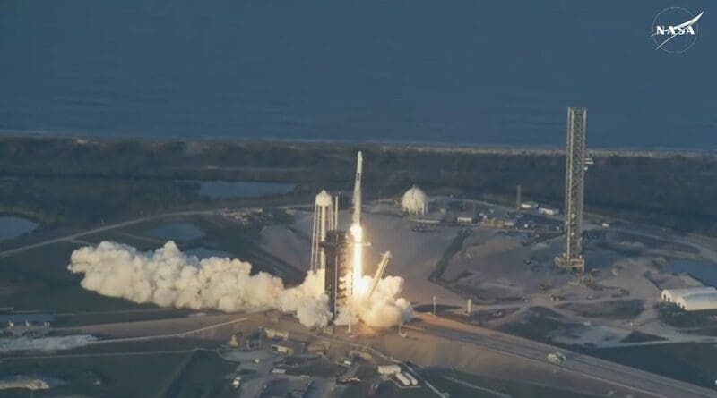 A SpaceX Falcon 9 rocket propelled the Dragon spacecraft into orbit carrying NASA astronauts Anne McClain and Nichole Ayers, JAXA (Japan Aerospace Exploration Agency) astronaut Takuya Onishi, and Roscosmos cosmonaut Kirill Peskov. Credit: NASA
