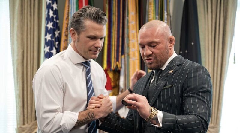 Defense Secretary Pete Hegseth awards a coin to Irish MMA fighter Conor McGregor at the Pentagon, March 17, 2025. Photo Credit: Navy Petty Officer 1st Class Alexander Kubitza, DOD