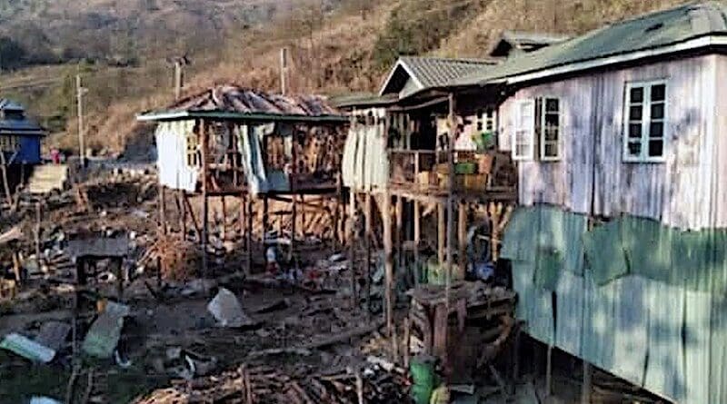 Damaged homes are seen on March 16, 2025, after a Myanmar junta airstrike on Thalanzar village, Falam township, Chin state. (Citizen Photo)