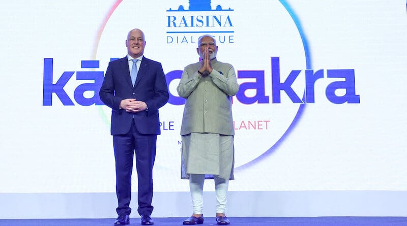 The Prime Minister of New Zealand Christopher Luxon and India's Prime Minister Narendra Modi attend the Raisina Dialogue 2025, in New Delhi on March 17, 2025. Photo Credit: PM India Office